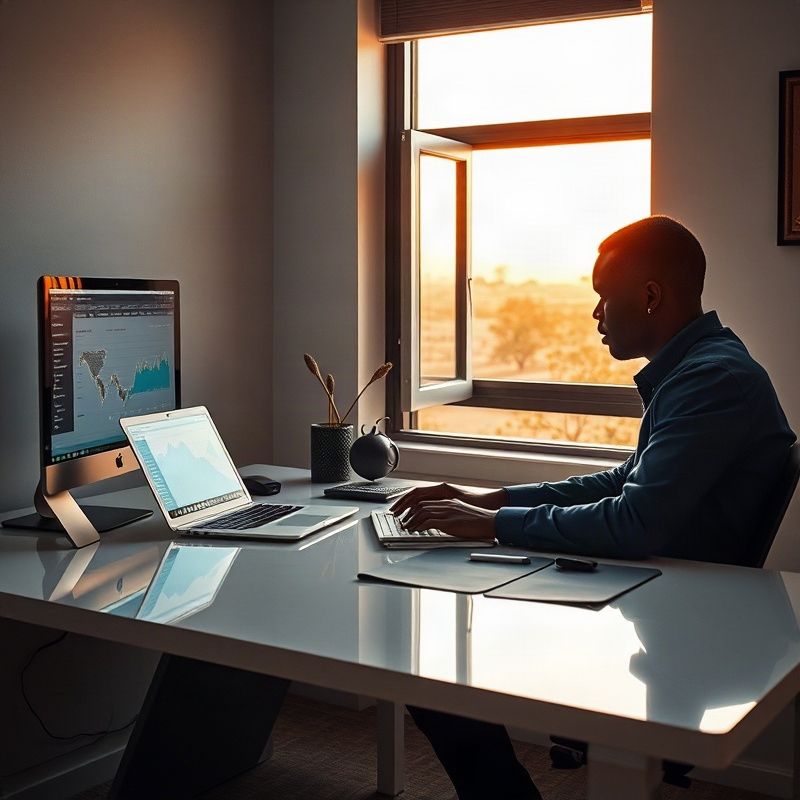 Two Kenyan finance writers working at a clean desk in Thika with data dashboards on screen