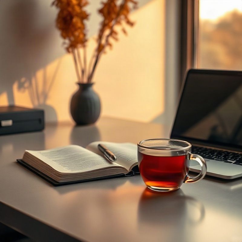 Clean desk in Thika with open notebook, pen, laptop, and tea in golden morning light