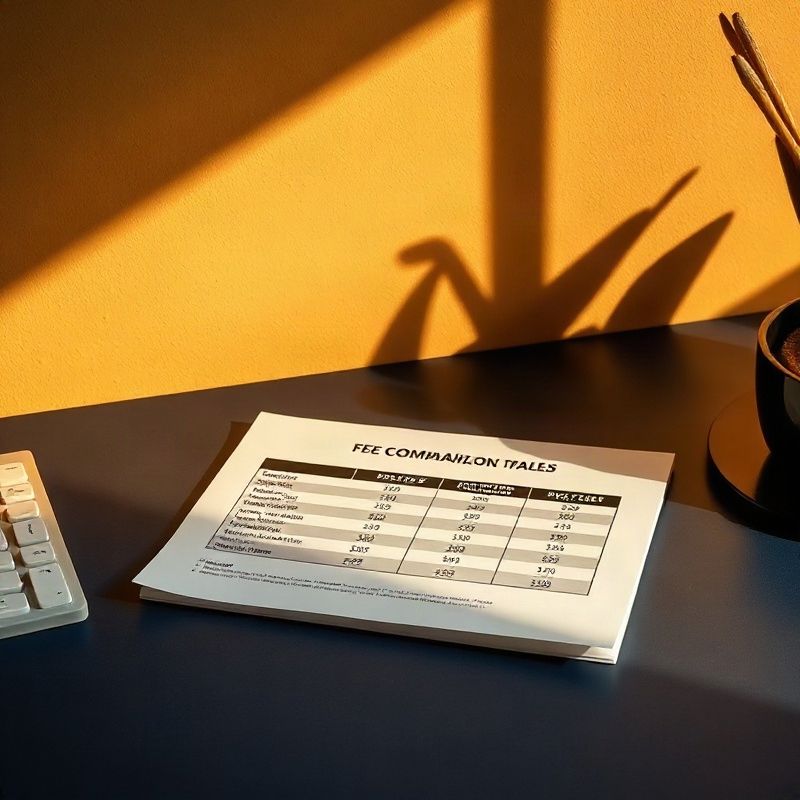 Side-by-side fee comparison table on white paper on a dark indigo desk in diagonal light