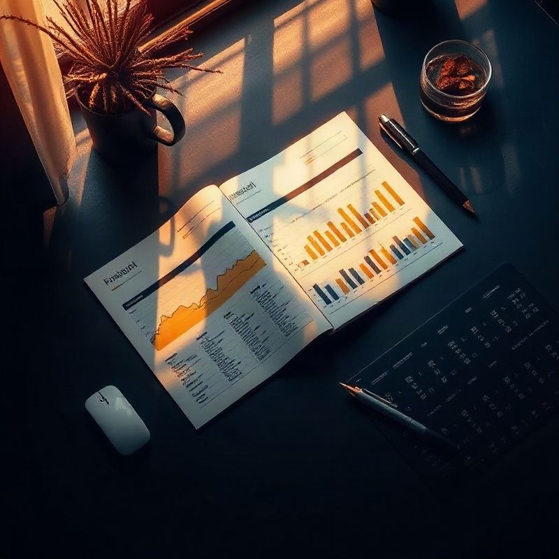 Overhead flat lay of printed financial data pages on a dark indigo desk in morning light